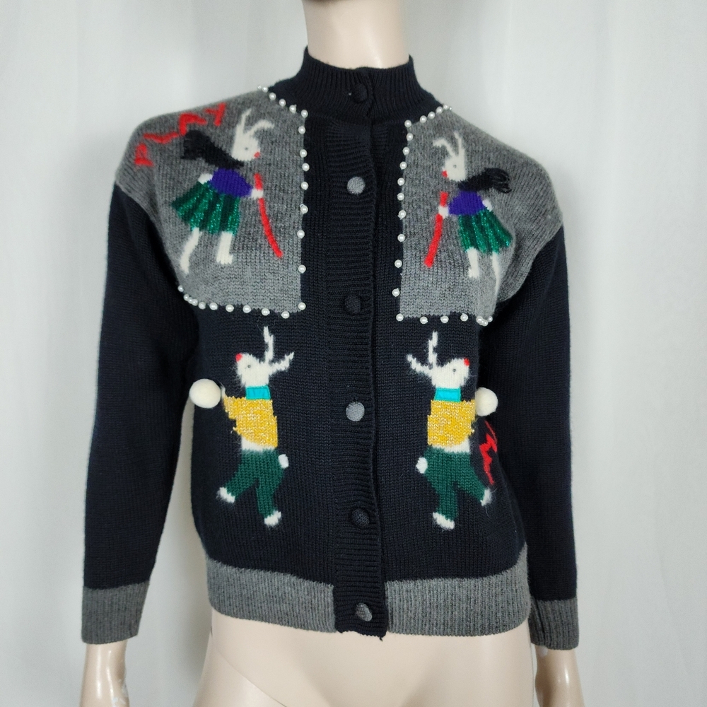 Vtg novelty rabbits playing wool blend cardigan sweater S/M